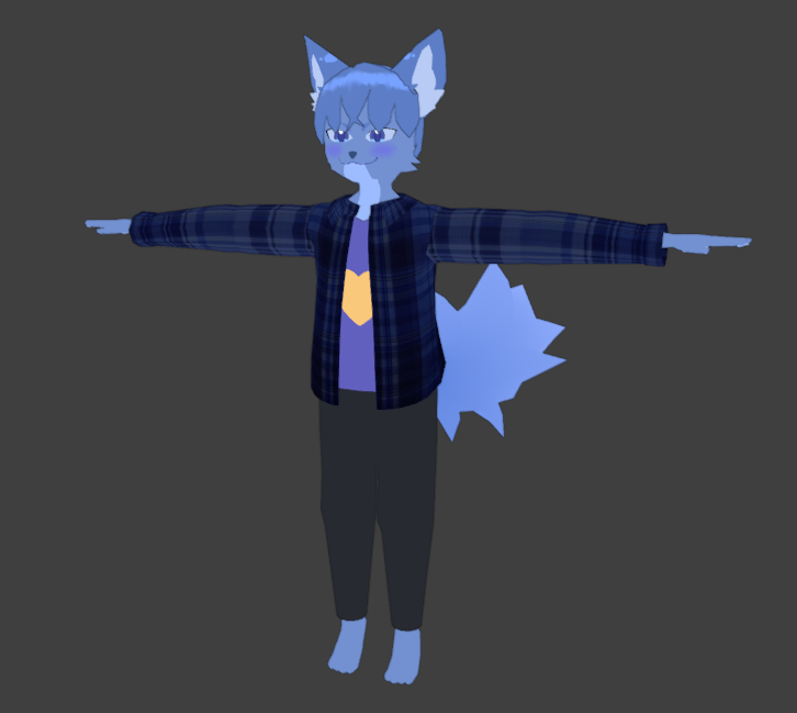 Blue anthro cat wearing a blue plaid button-up with a purple shirt underneath and black sweatpants.